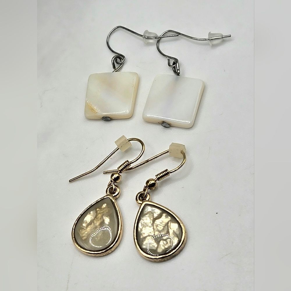 "5/$40" 2 Pairs Dangle Earrings Square White Shell/Gold Swirl Enamel Teardrop